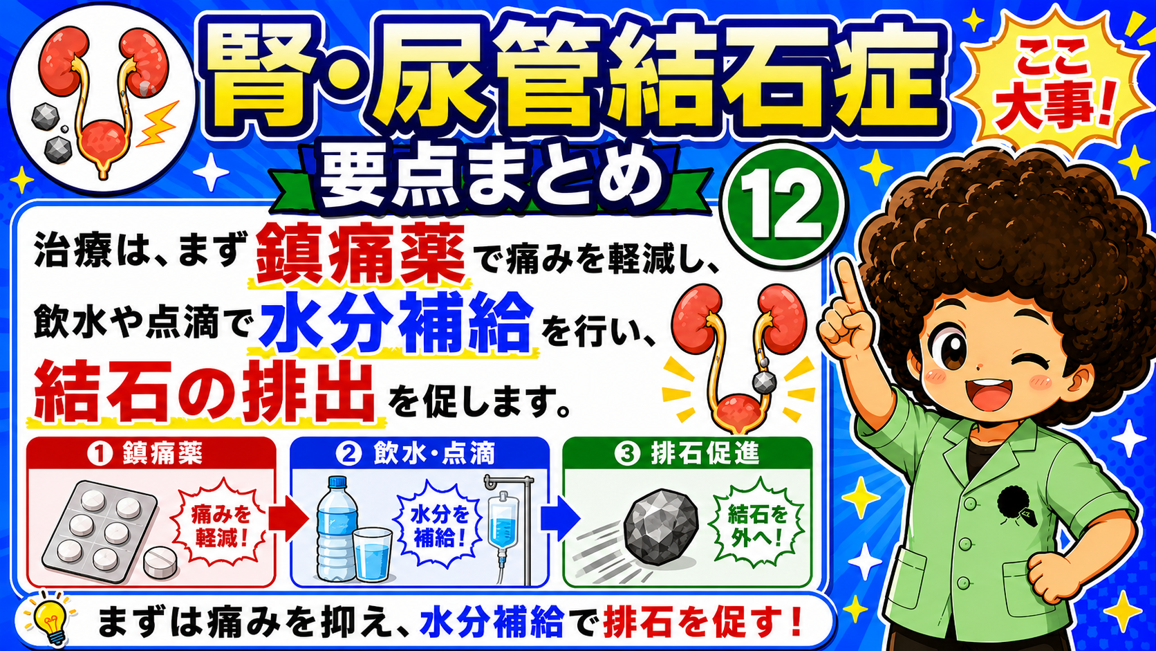 治療はまず鎮痛薬と水分補給で結石の排出を促す