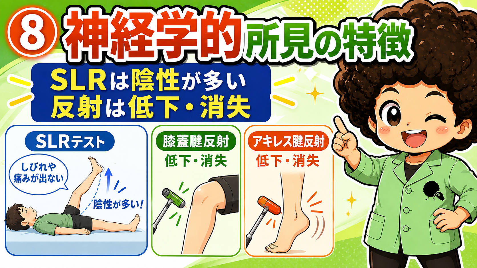 SLRは陰性が多く、腱反射は低下・消失する