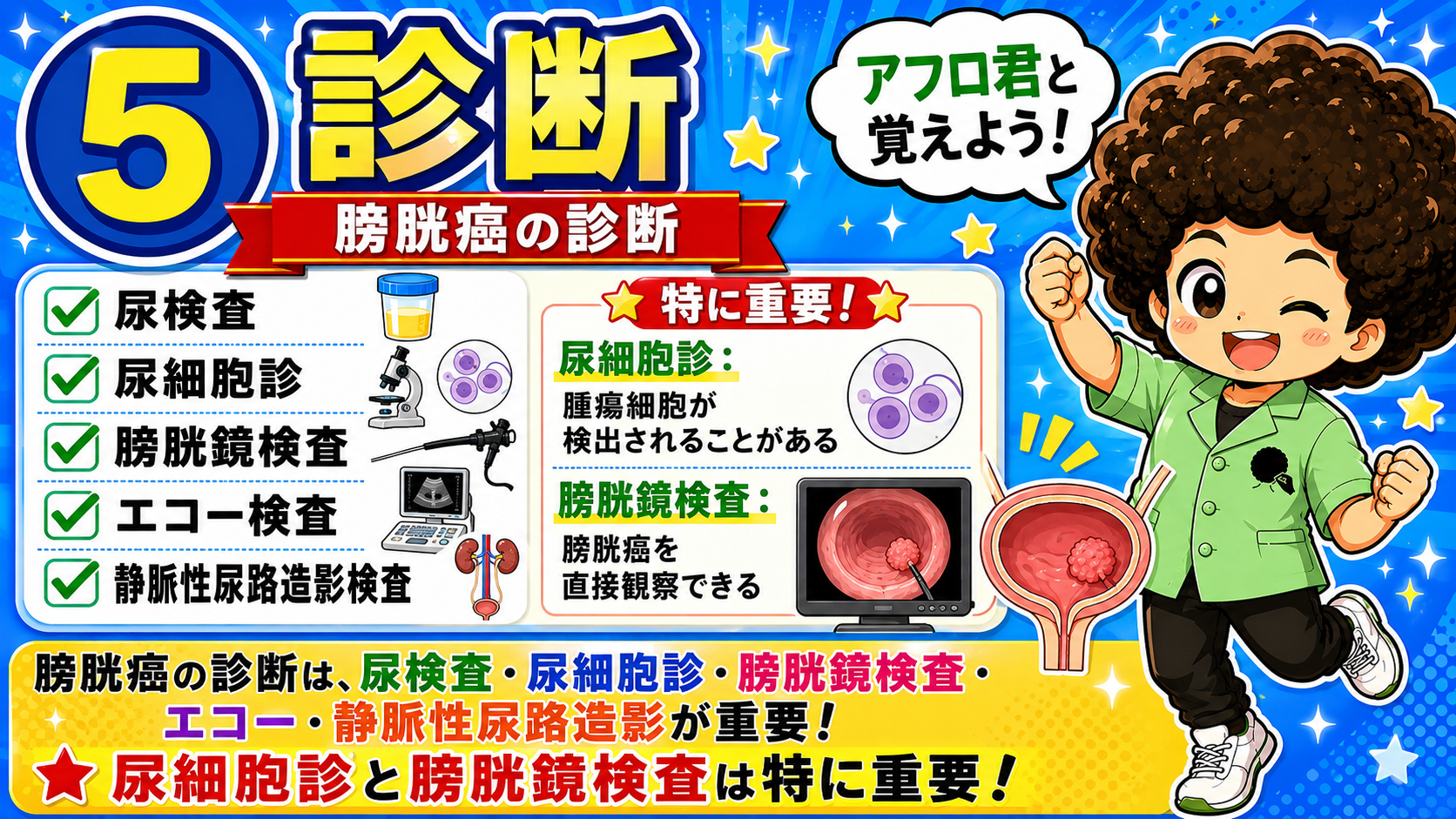 膀胱癌の診断に用いる検査。尿細胞診と膀胱鏡検査が特に重要