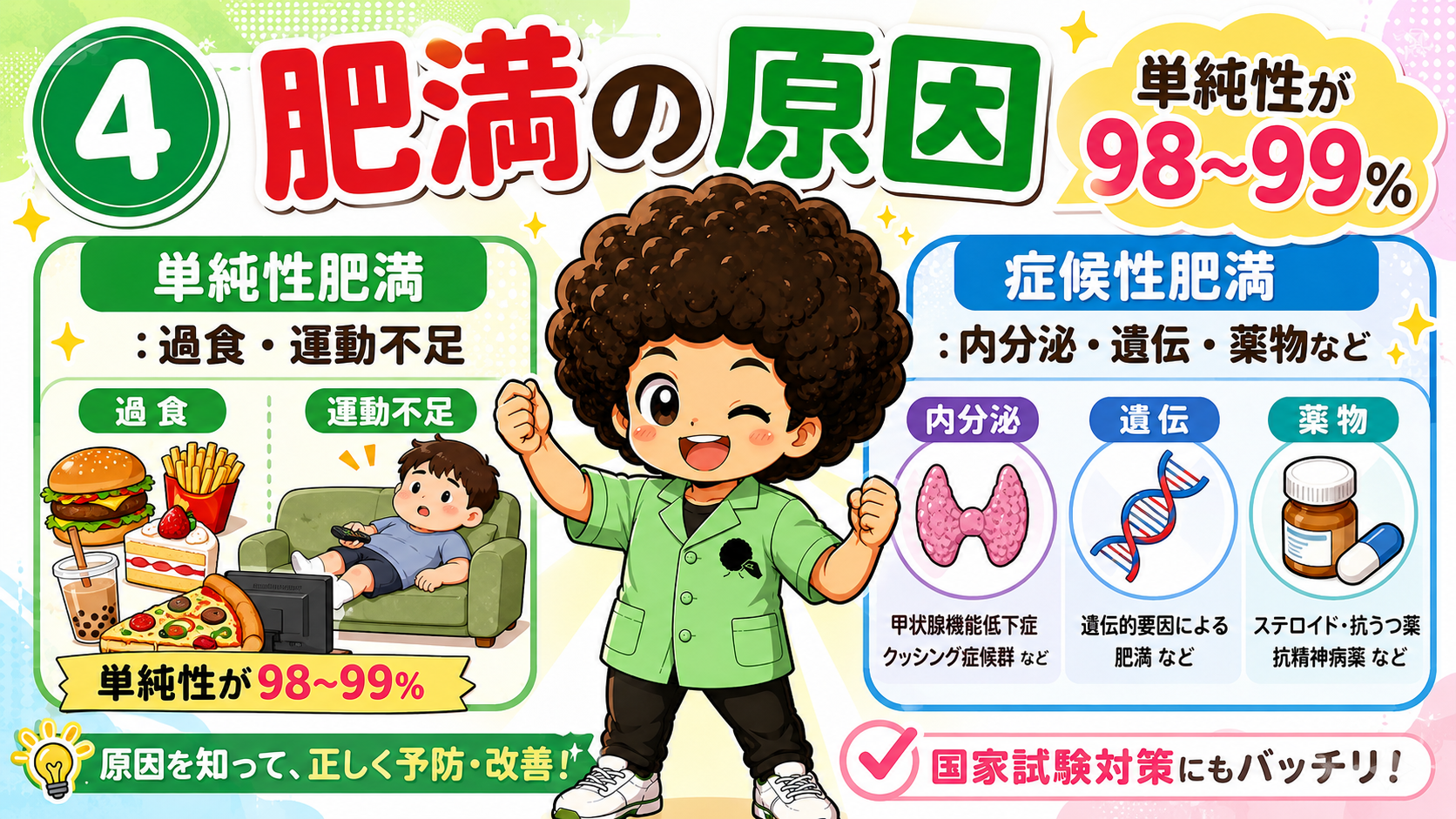 肥満の原因：単純性が98〜99%、症候性は内分泌・遺伝・薬物など