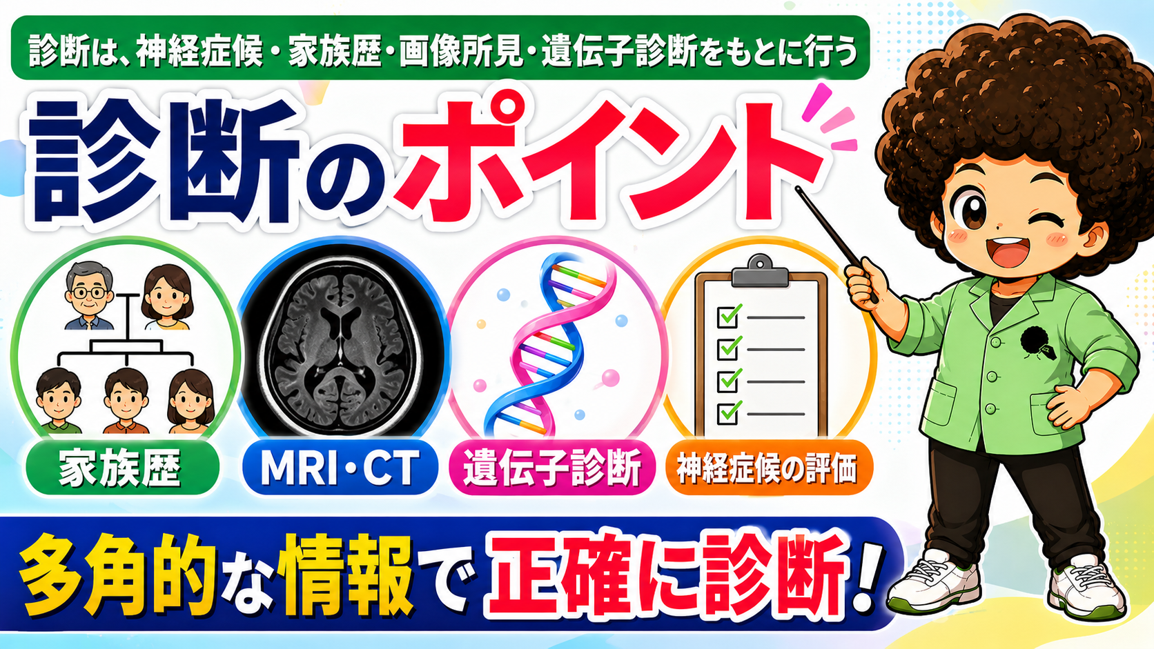 家族歴・MRI/CT・遺伝子診断・神経症候の評価で診断