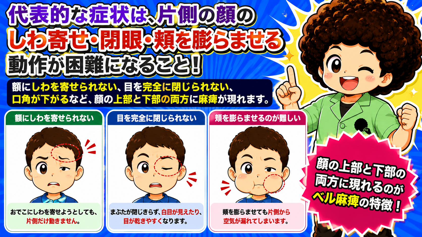 額のしわ寄せ・閉眼・頬膨らませが困難。上部と下部の両方に麻痺が出る