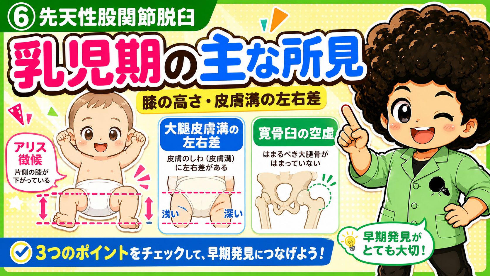 乳児期の主な所見：アリス徴候・大腿皮膚溝の左右差・寛骨臼の空虚