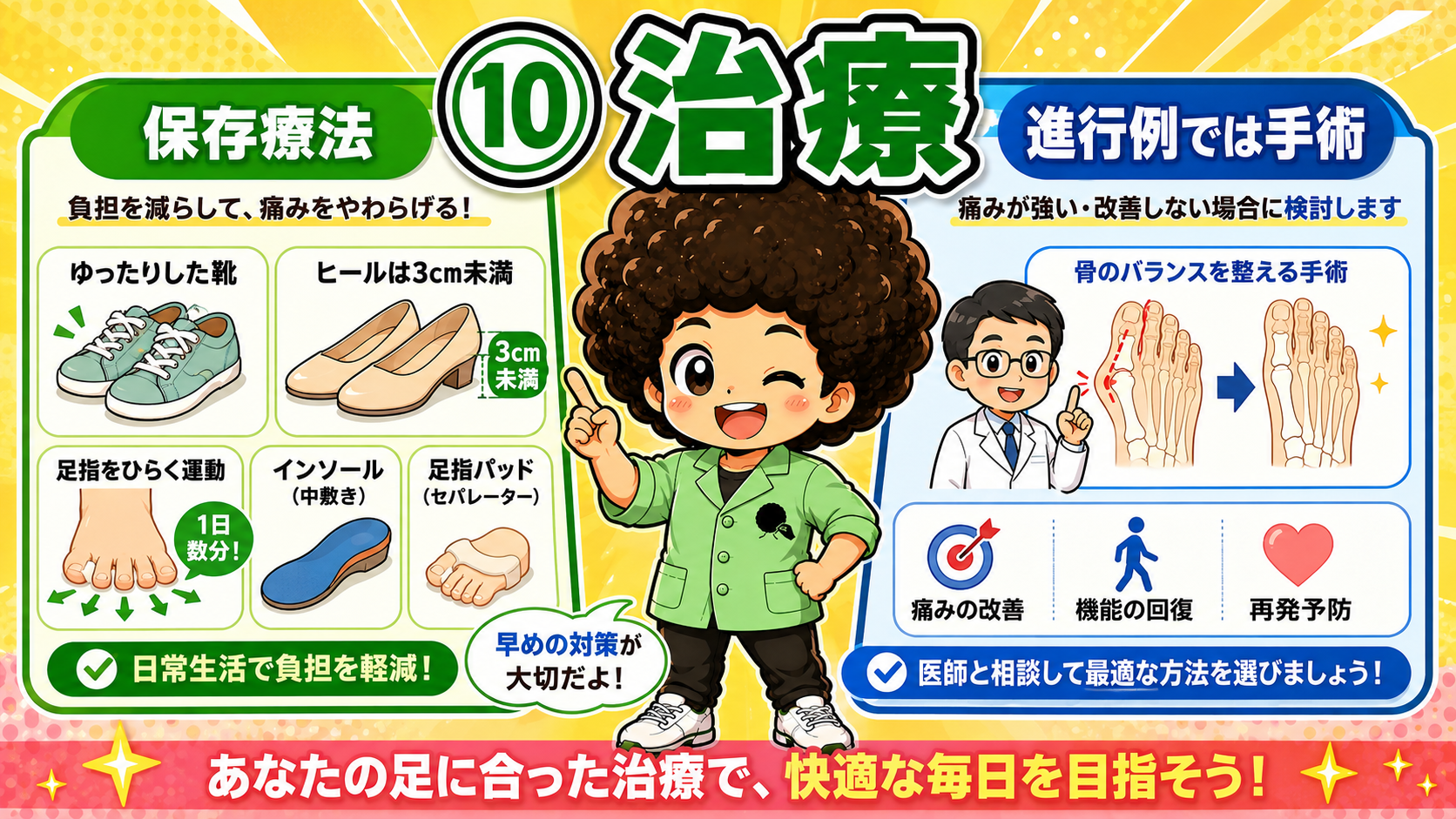 保存療法が基本。進行例では手術も検討する