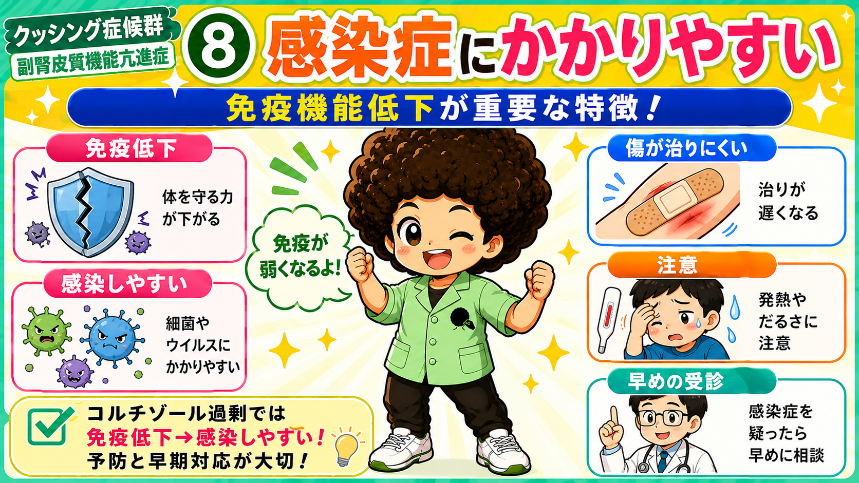免疫機能低下により感染症にかかりやすく、傷も治りにくくなる