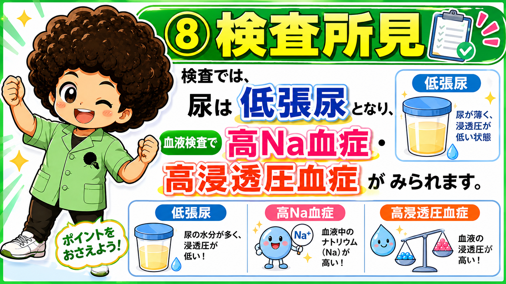 検査所見：低張尿、血液検査で高Na血症・高浸透圧血症
