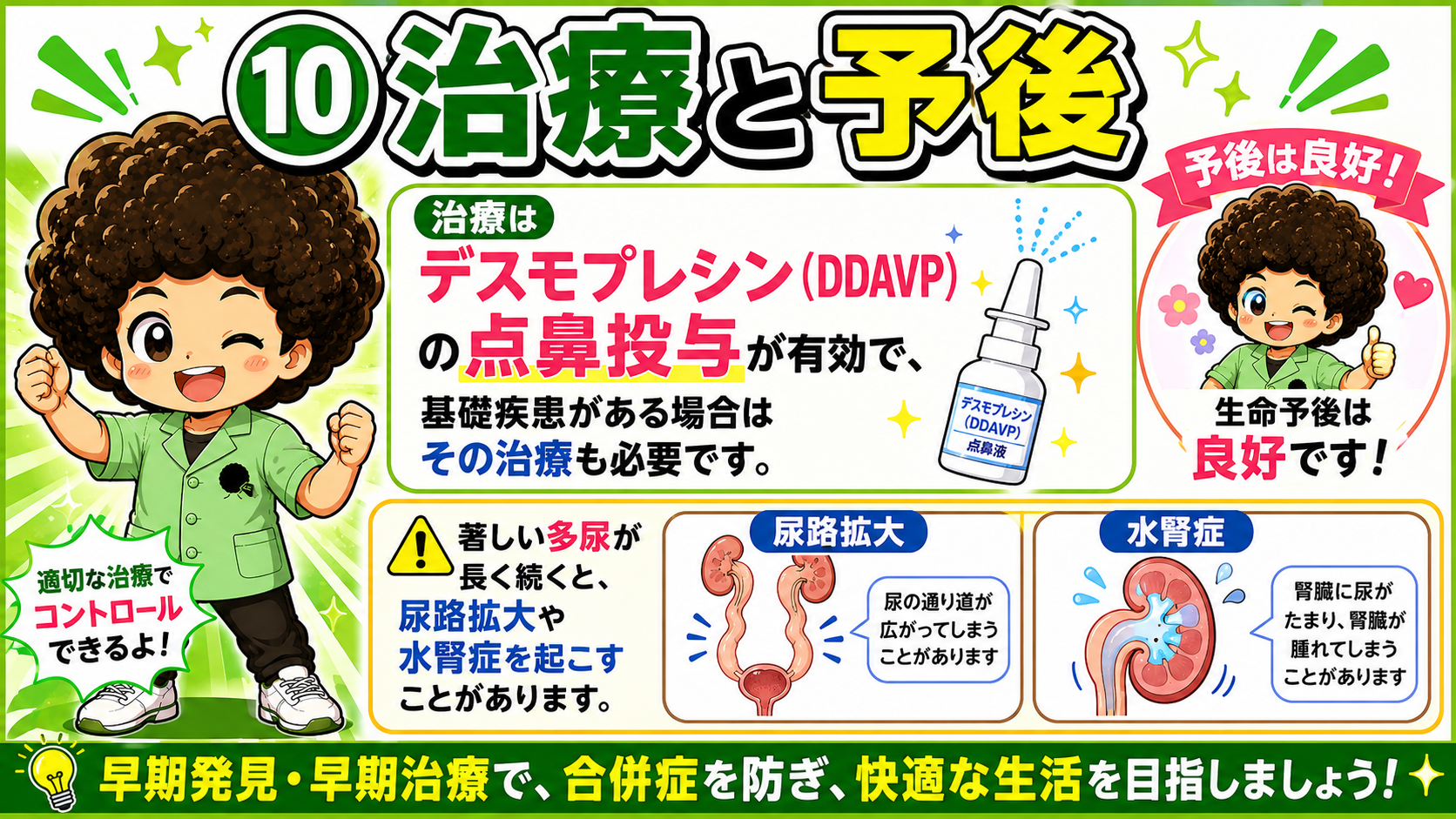 治療はDDAVPの点鼻投与。予後は良好だが、多尿の持続で尿路拡大・水腎症に注意