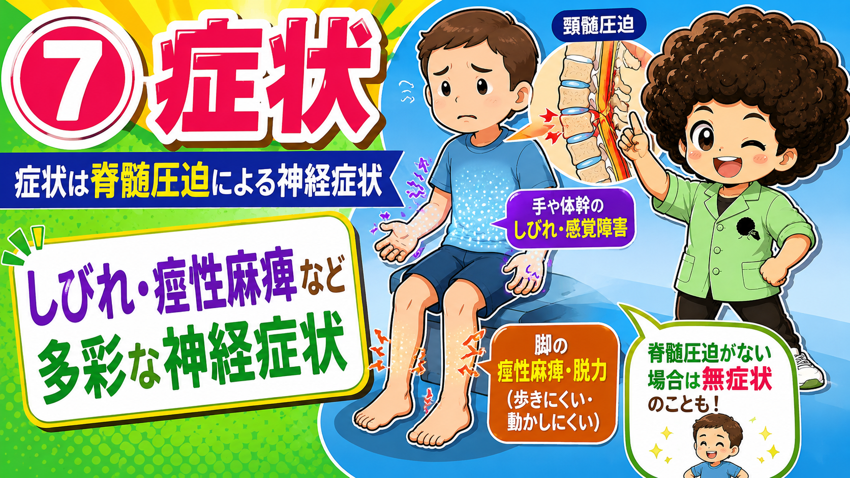 脊髄圧迫による、しびれ・痙性麻痺など多彩な神経症状