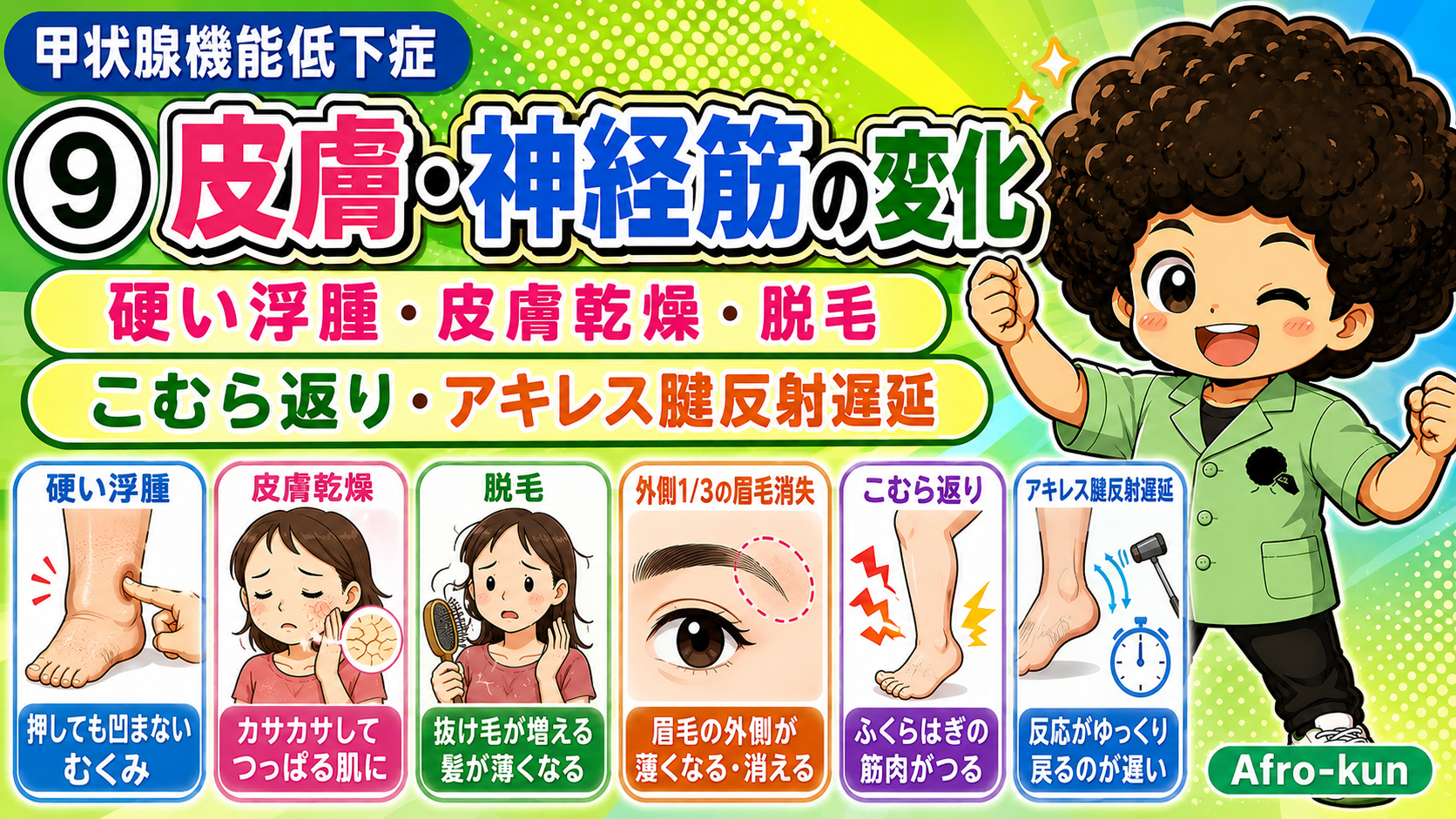 皮膚・神経筋の変化：硬い浮腫・皮膚乾燥・脱毛・眉毛外側消失・アキレス腱反射遅延