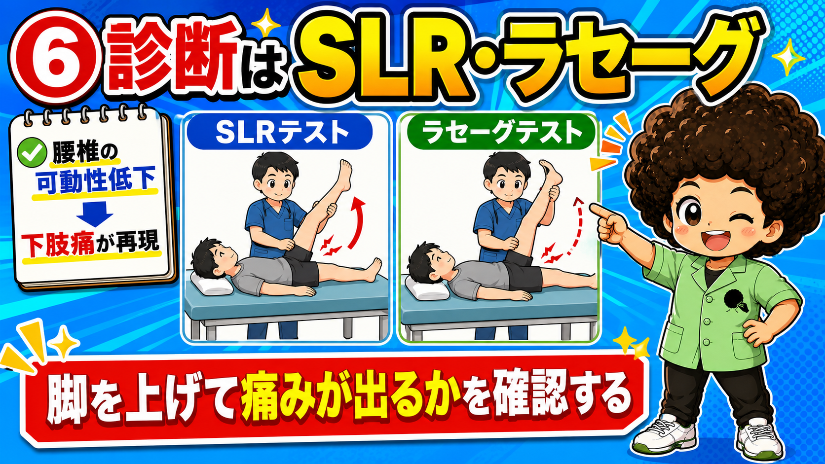 SLRテスト・ラセーグテスト。脚を上げて痛みが出るかを確認する