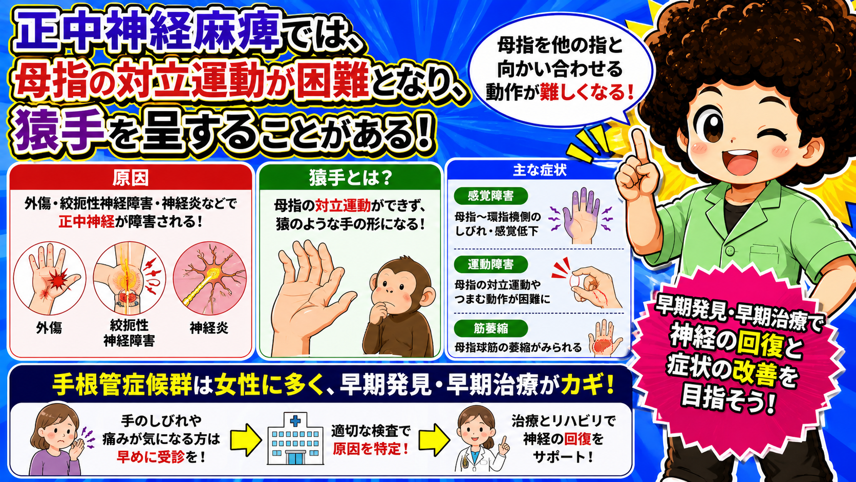 正中神経麻痺では母指の対立運動が困難となり猿手を呈する