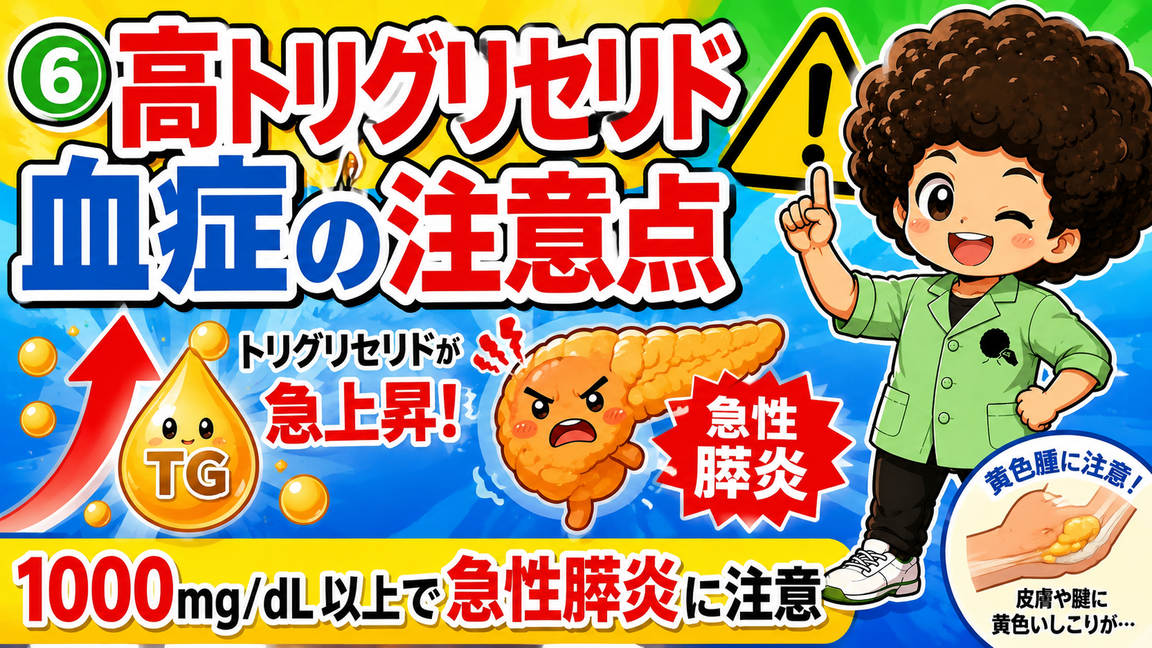 高トリグリセリド血症。TG 1000mg/dL以上で急性膵炎に注意