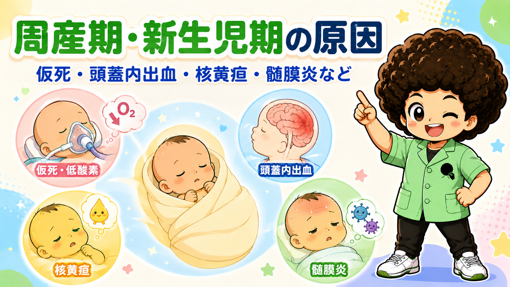 周産期・新生児期の原因：仮死・低酸素、頭蓋内出血、核黄疸、髄膜炎など