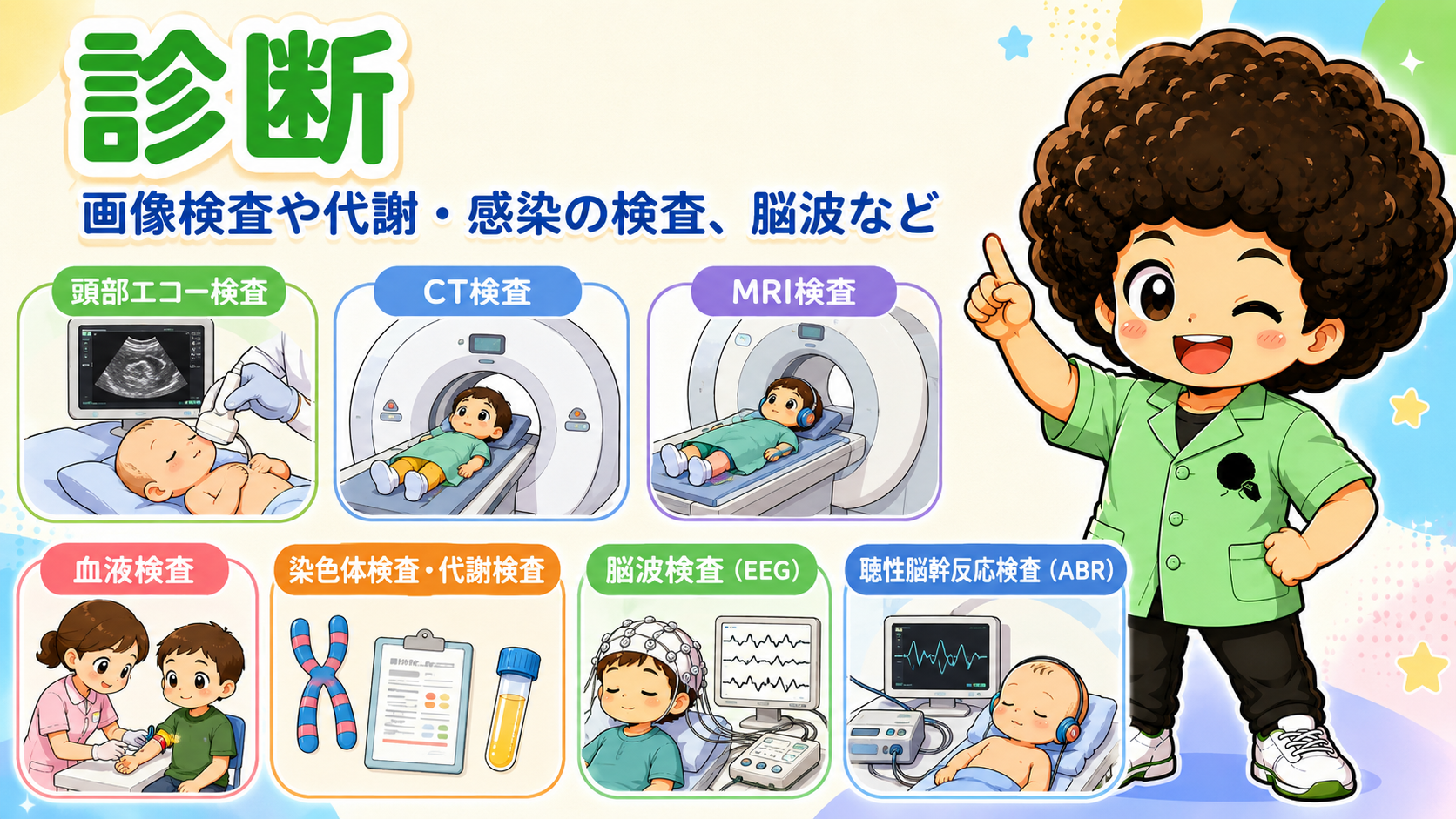 診断：画像検査・代謝/感染の検査・脳波・聴性脳幹反応など