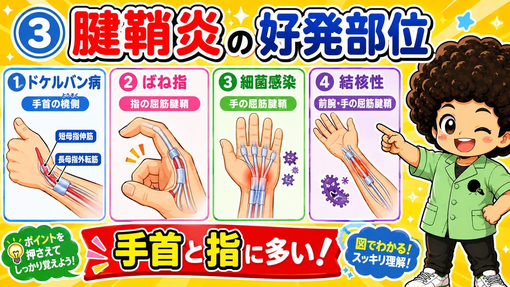 腱鞘炎の好発部位。手首と指に多い