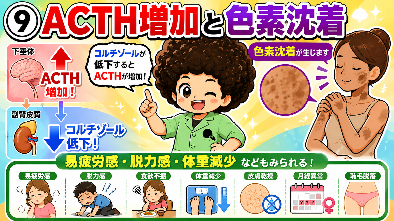 コルチゾール低下でACTHが増加し色素沈着が生じる
