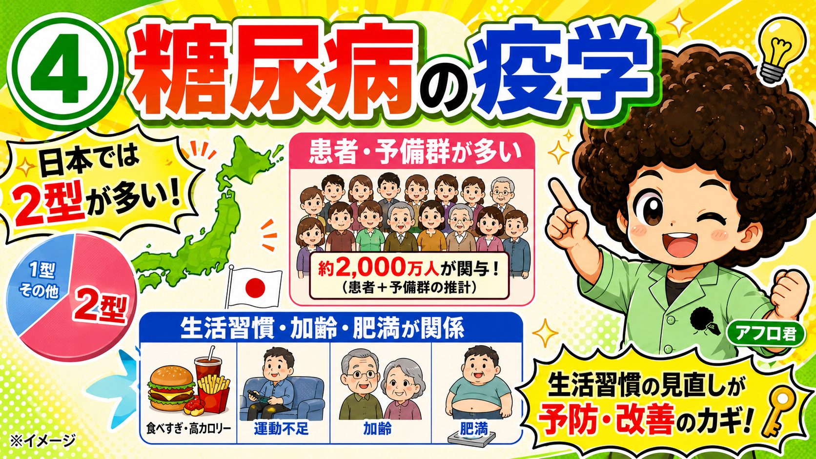 日本では2型が多く、生活習慣・加齢・肥満が関係する