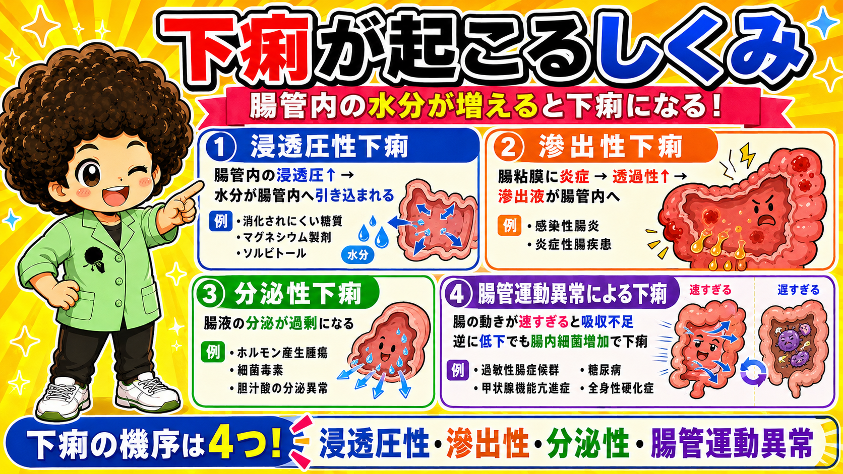 下痢の4つの発生機序（浸透圧性・滲出性・分泌性・腸管運動異常）