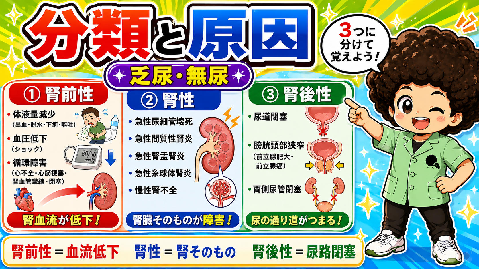 腎前性＝血流低下／腎性＝腎そのもの／腎後性＝尿路閉塞