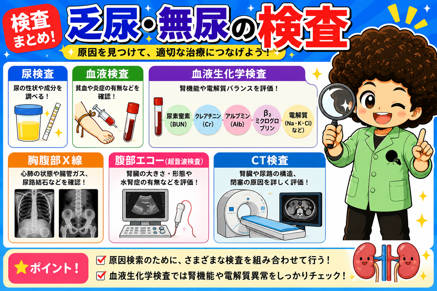 尿検査・血液生化学検査・画像検査を組み合わせて原因を検索