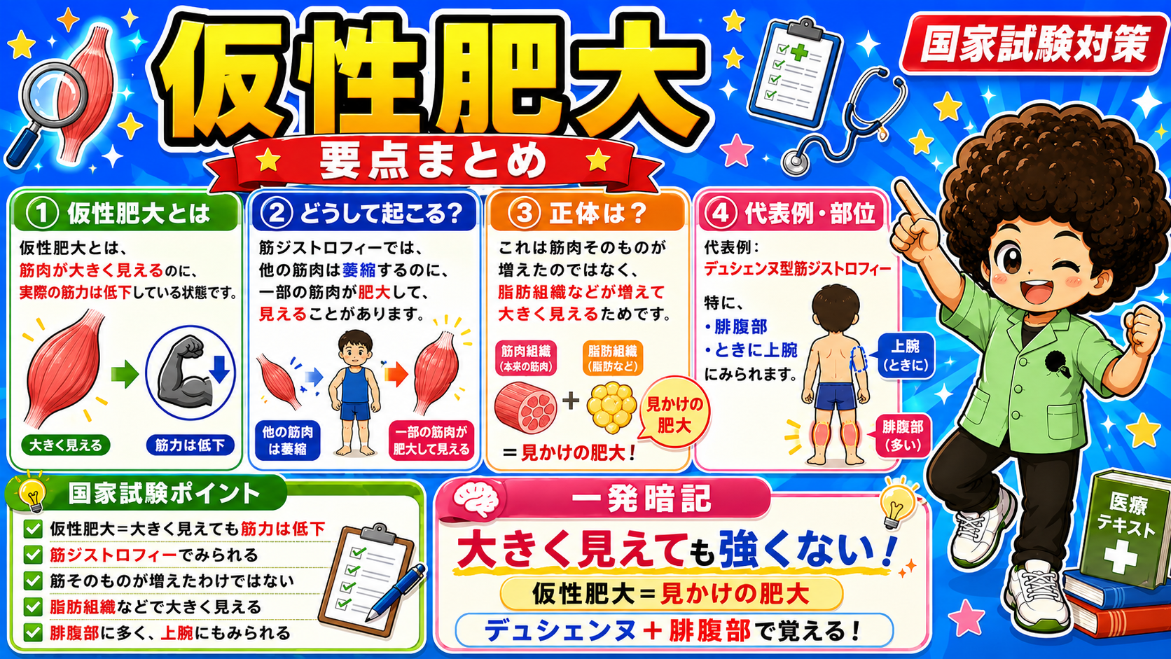 仮性肥大＝見かけの肥大。デュシェンヌ型筋ジストロフィーの腓腹部が代表