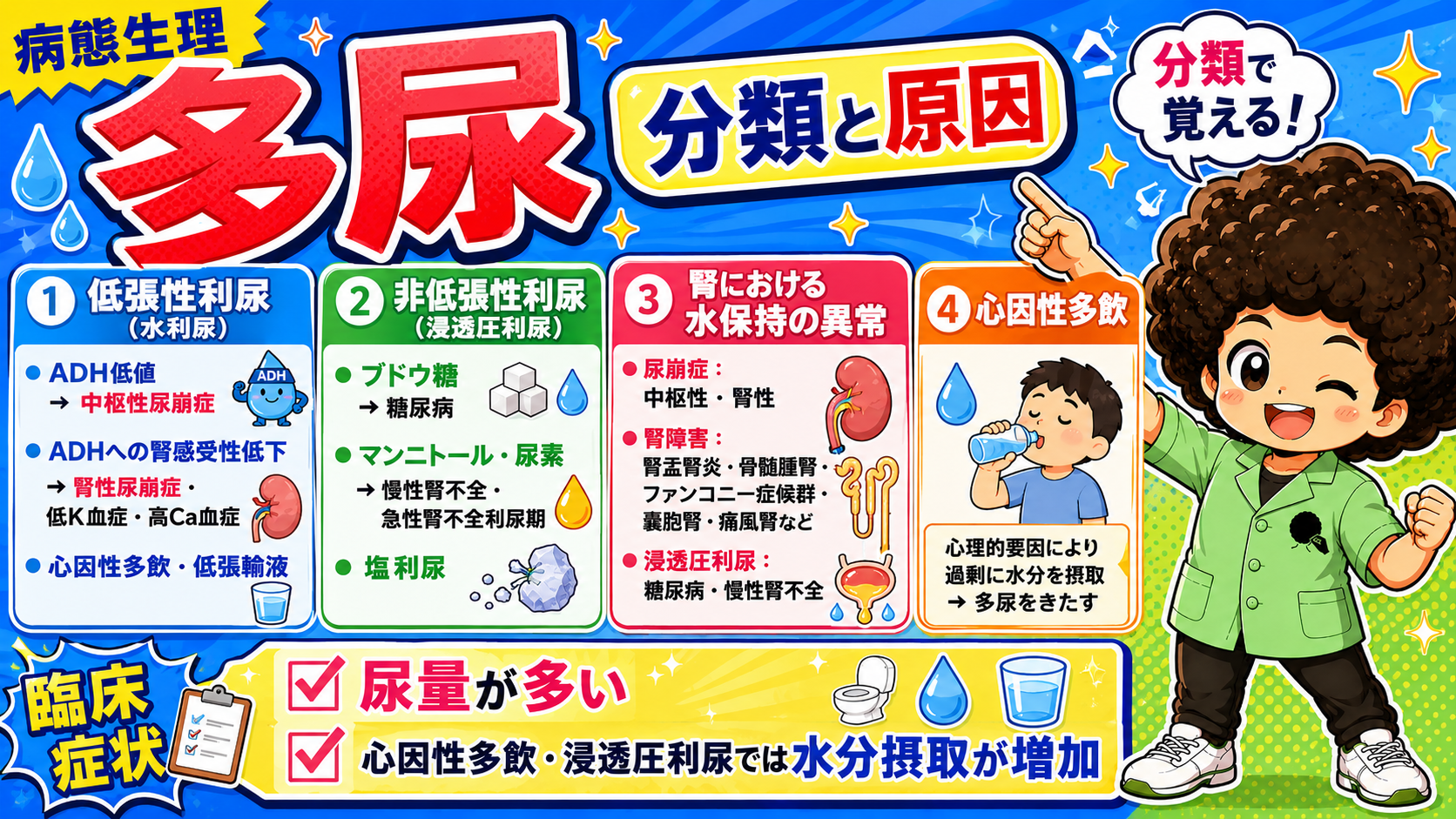 多尿の分類と原因：低張性利尿・非低張性利尿・腎における水保持の異常・心因性多飲