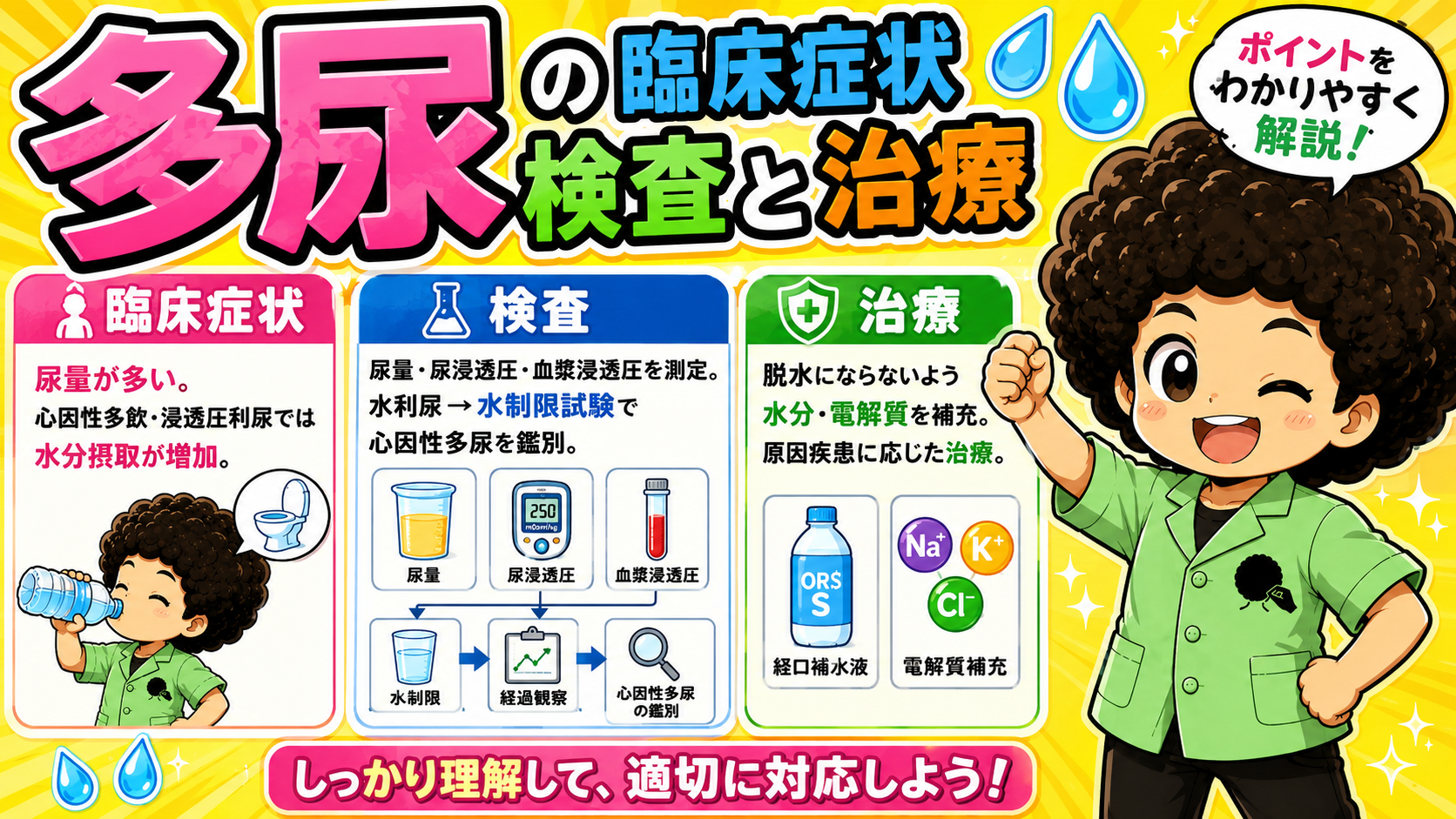 多尿の臨床症状・検査と治療：水分電解質の補充と原因疾患への治療