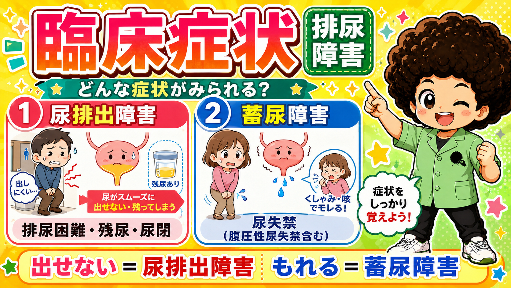 臨床症状。出せない＝尿排出障害／もれる＝蓄尿障害