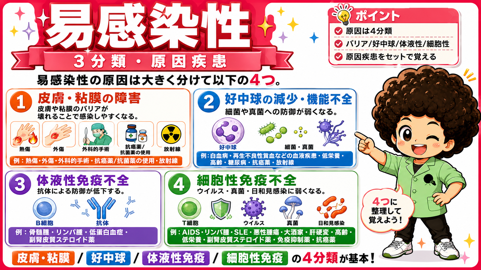 皮膚・粘膜／好中球／体液性免疫／細胞性免疫の4分類が基本