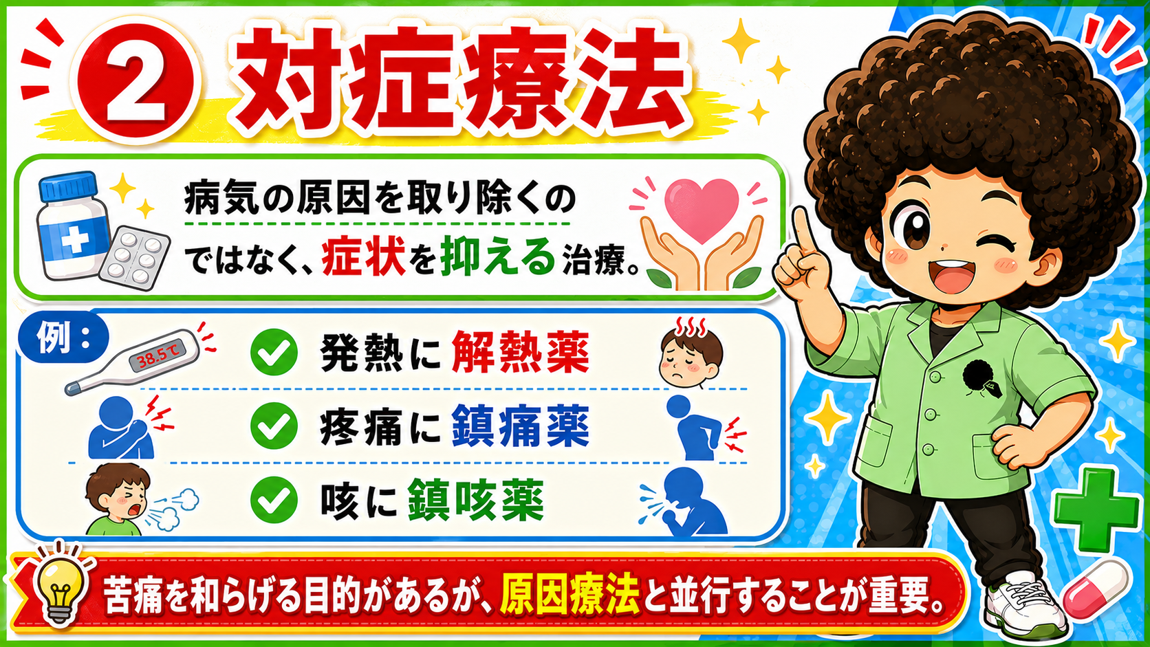 対症療法＝原因ではなく症状を抑える治療（解熱薬・鎮痛薬・鎮咳薬）