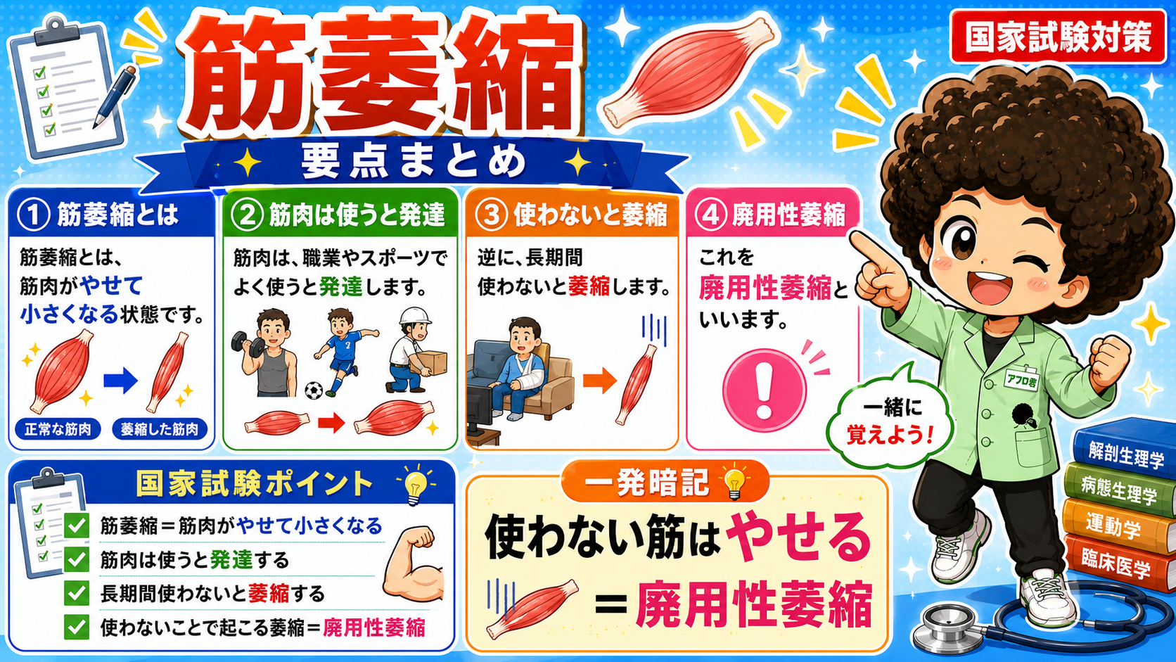 筋萎縮＝筋肉がやせて小さくなる。使わない筋はやせる＝廃用性萎縮