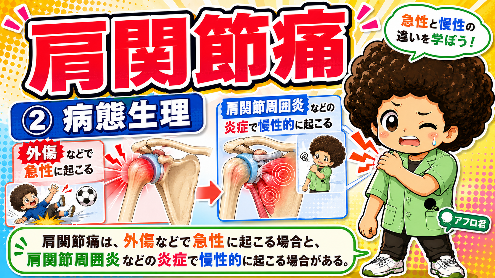 肩関節痛は外傷による急性のものと、肩関節周囲炎など炎症による慢性のものに分かれる