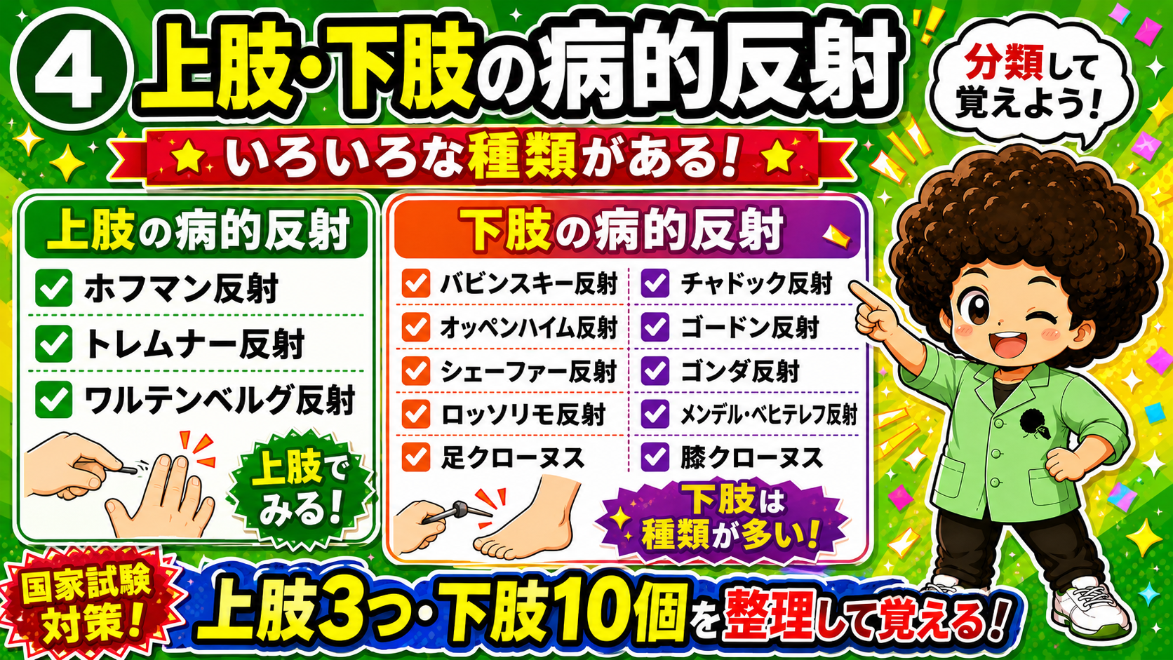 上肢3つ・下肢10個の病的反射