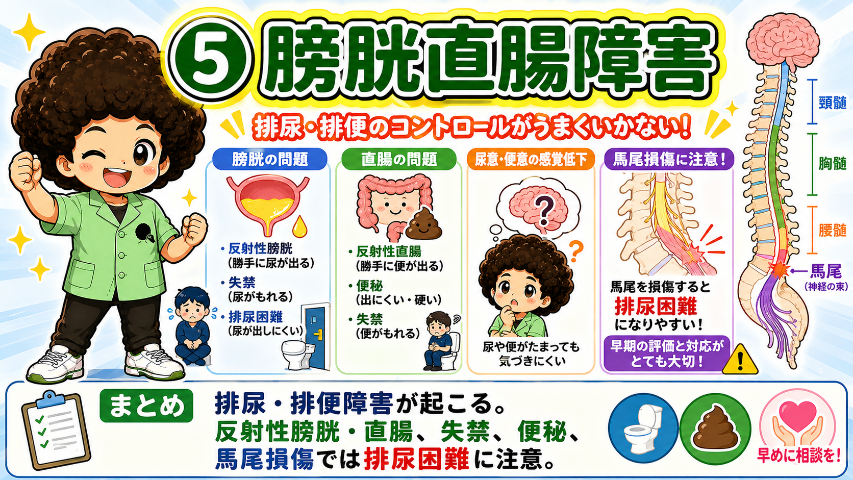 ⑤膀胱直腸障害：反射性膀胱・直腸、失禁、馬尾損傷では排尿困難