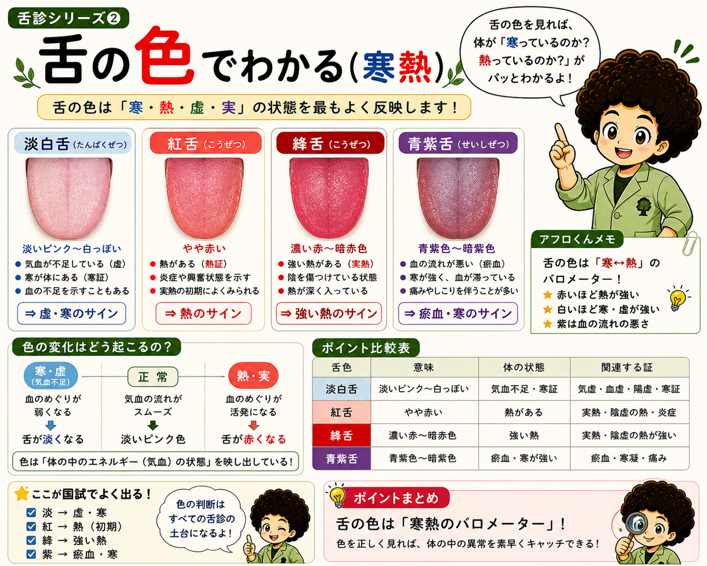 舌の色でわかる寒熱 ― 淡白舌・紅舌・絳舌・青紫舌の比較