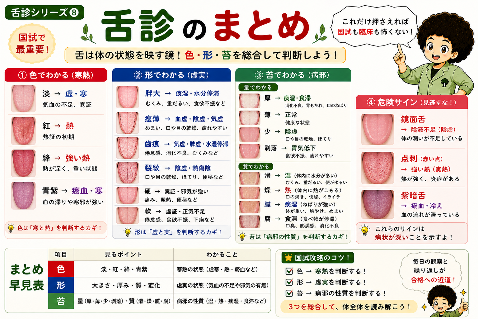 舌診のまとめ早見表 ― 色（寒熱）・形（虚実）・苔（病邪）＋危険サイン