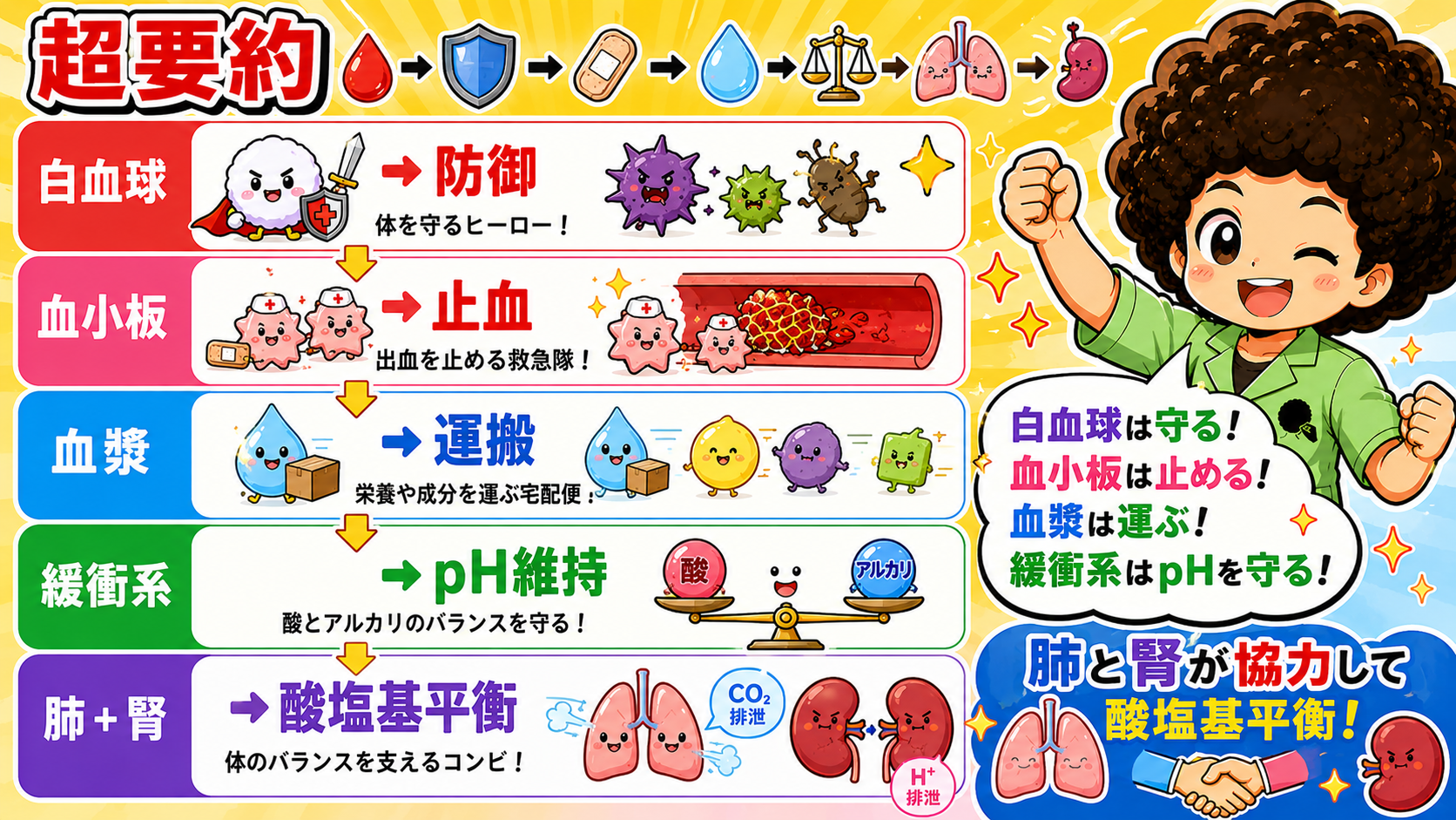 超要約：白血球＝防御、血小板＝止血、血漿＝運搬、緩衝系＝pH維持、肺＋腎＝酸塩基平衡