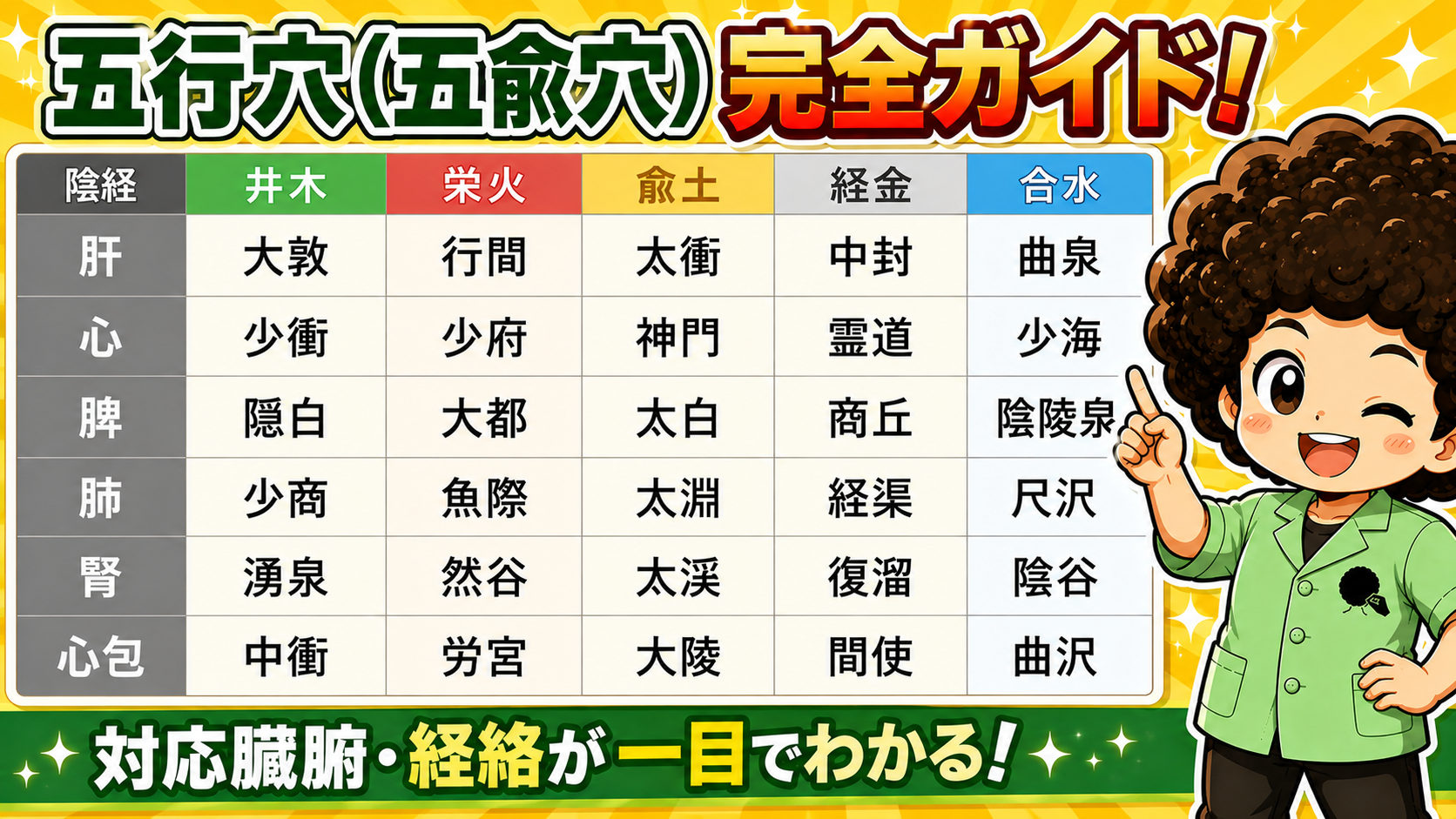 陰経の五行穴一覧（井木・栄火・兪土・経金・合水）