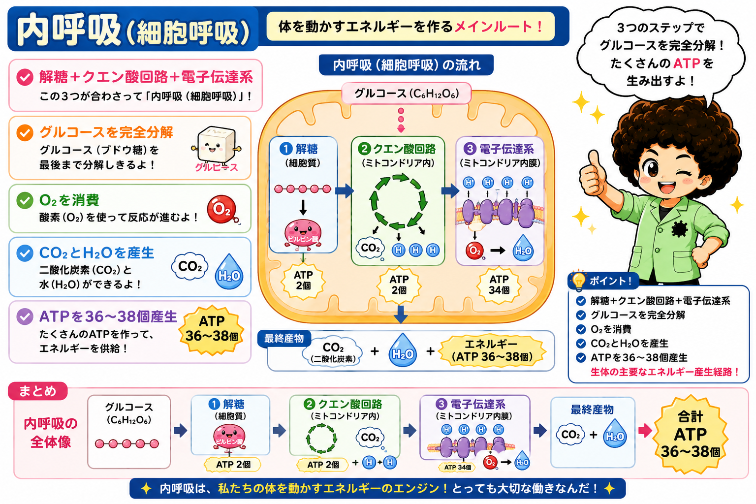 内呼吸の全体像：解糖2＋クエン酸回路2＋電子伝達系34＝合計ATP36〜38個