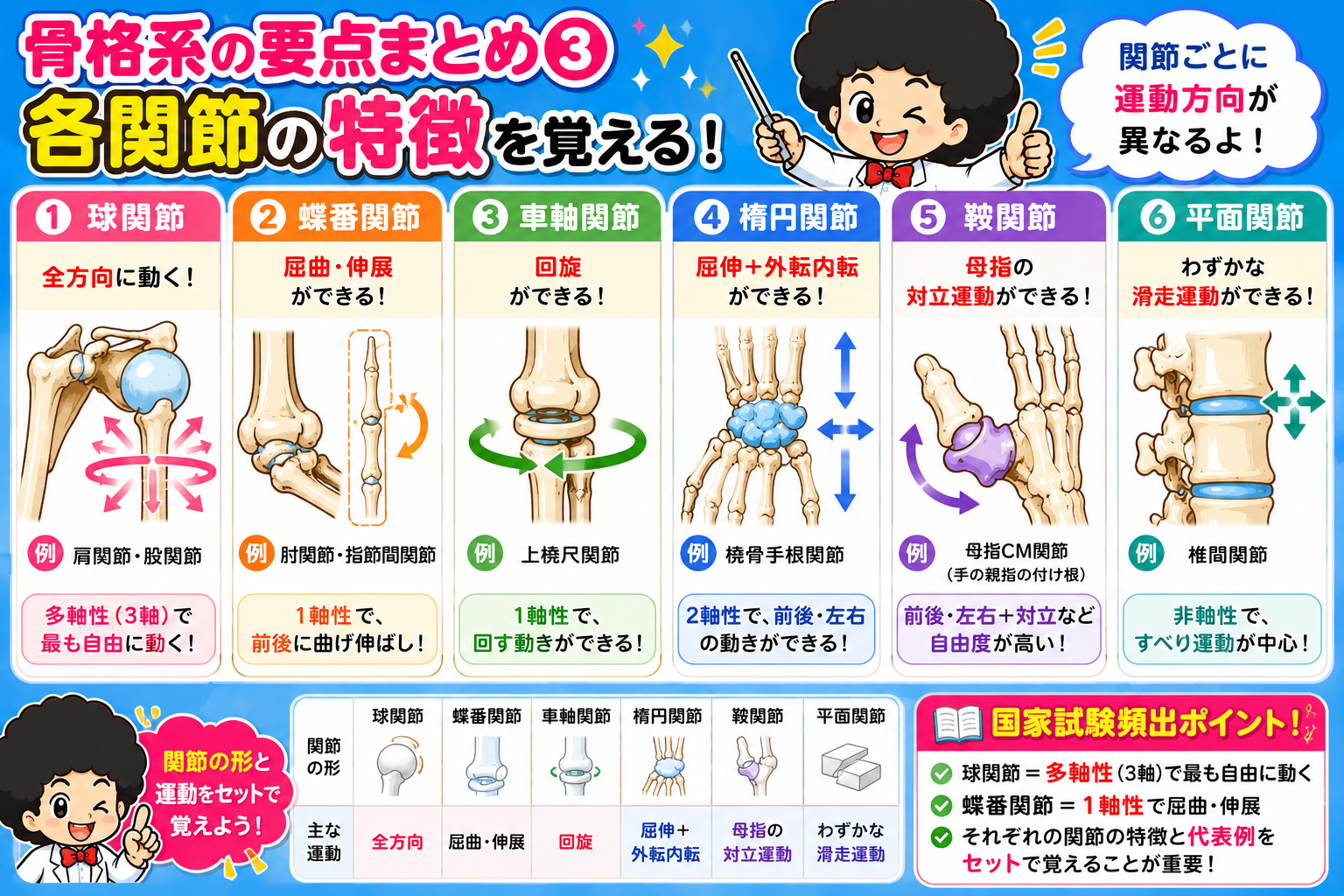 各関節の形と代表的な運動のまとめ