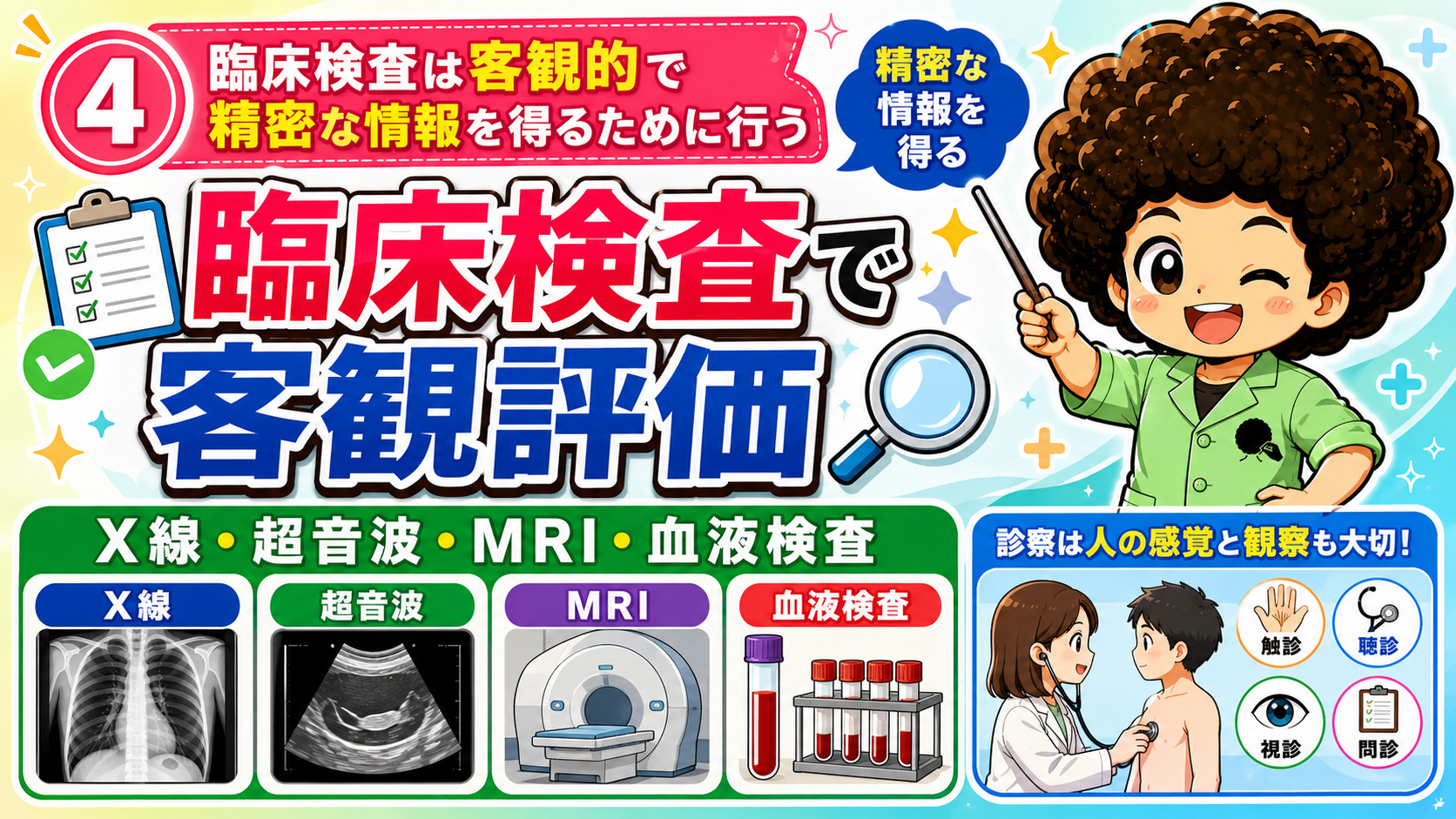 X線・超音波・MRI・血液検査で客観評価。ただし人の感覚と観察も欠かせない