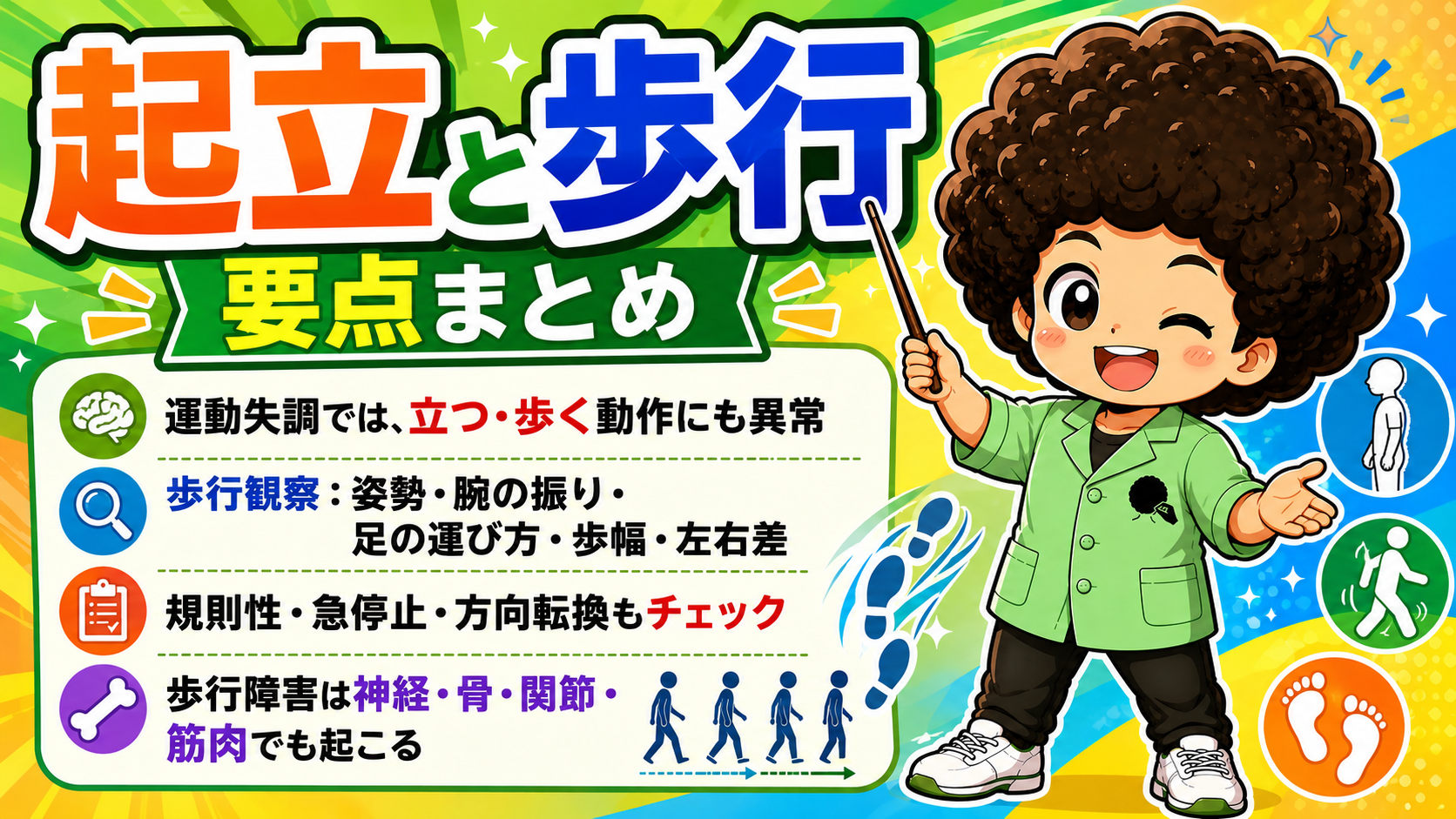 起立と歩行の観察で見るべきポイント（姿勢・腕の振り・足の運び方・歩幅・左右差）