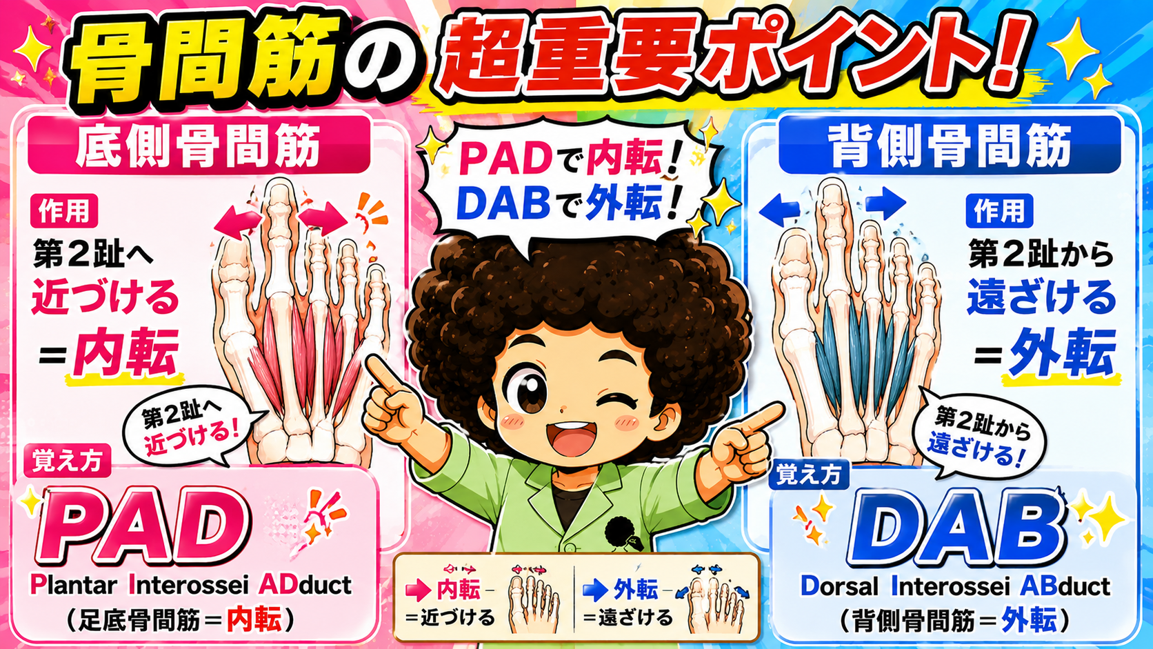底側骨間筋(PAD=内転)と背側骨間筋(DAB=外転)の比較図