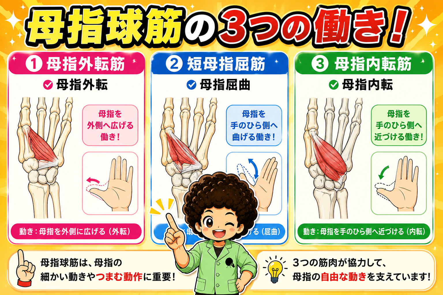 母指球筋3筋(母指外転筋・短母指屈筋・母指内転筋)の作用