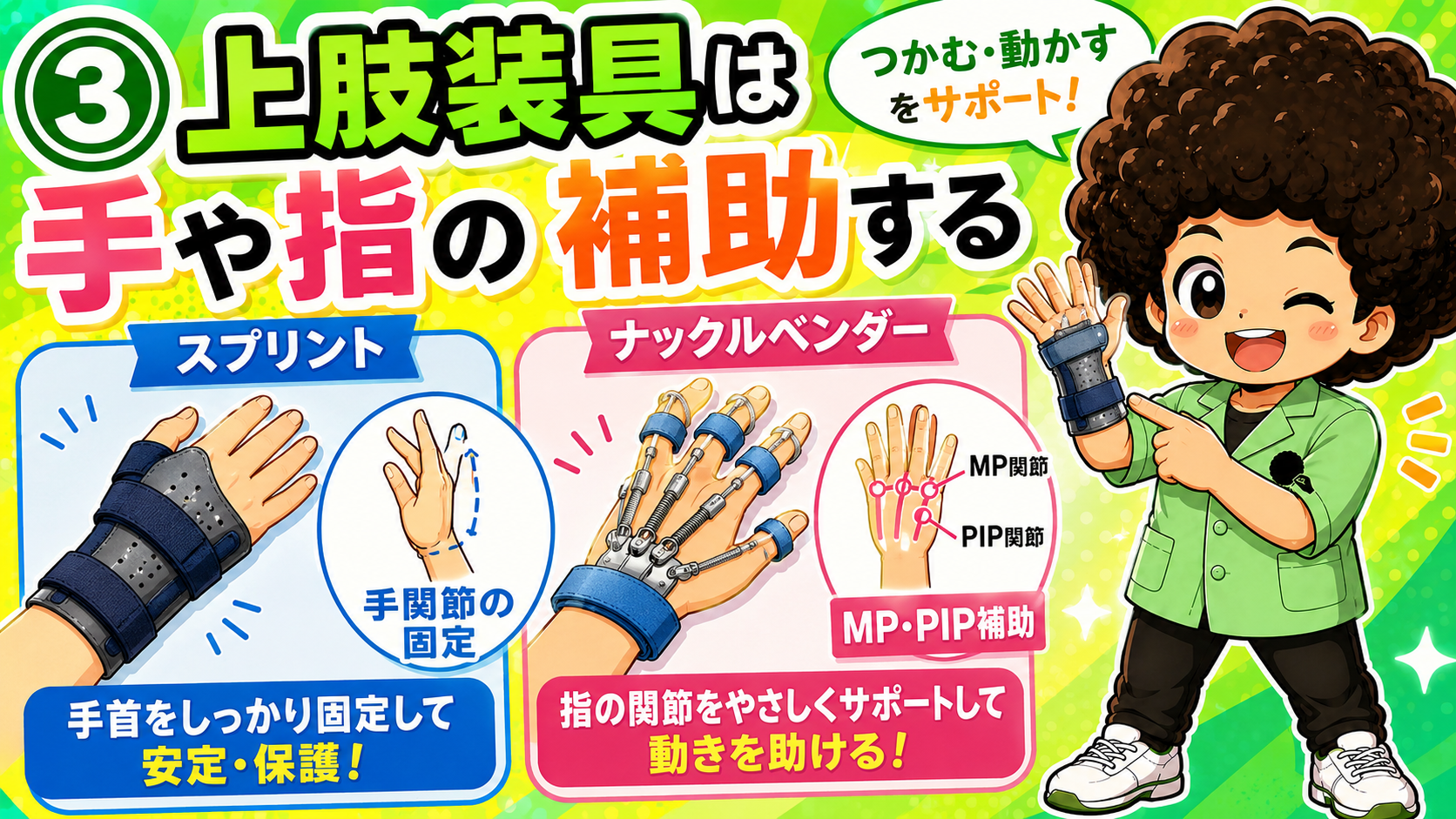 上肢装具：スプリント（手関節固定）とナックルベンダー（MP・PIP補助）