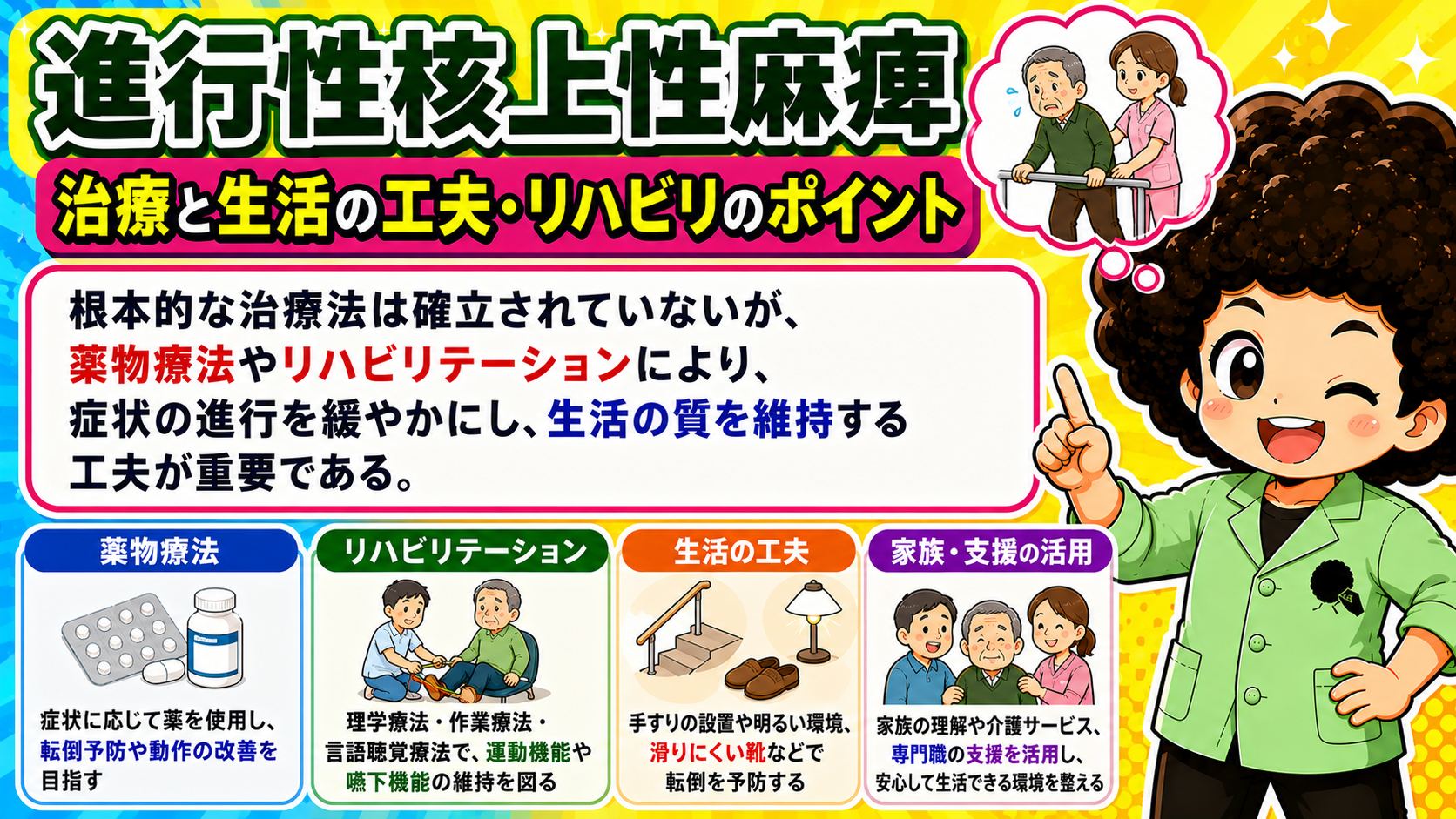 薬物療法やリハビリで進行を緩やかにし、生活の質を維持する工夫が重要