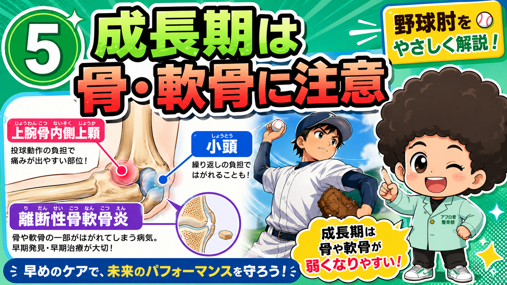 成長期は骨・軟骨に注意。上腕骨内側上顆・小頭・離断性骨軟骨炎。