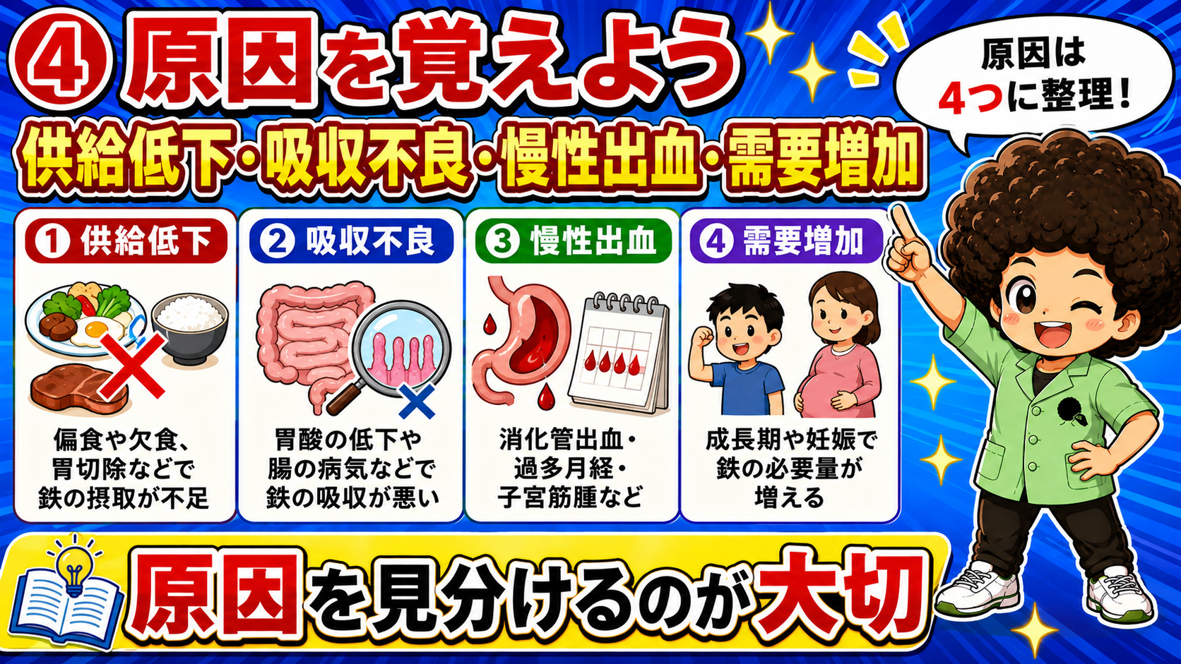 供給低下・吸収不良・慢性出血・需要増加の4つ
