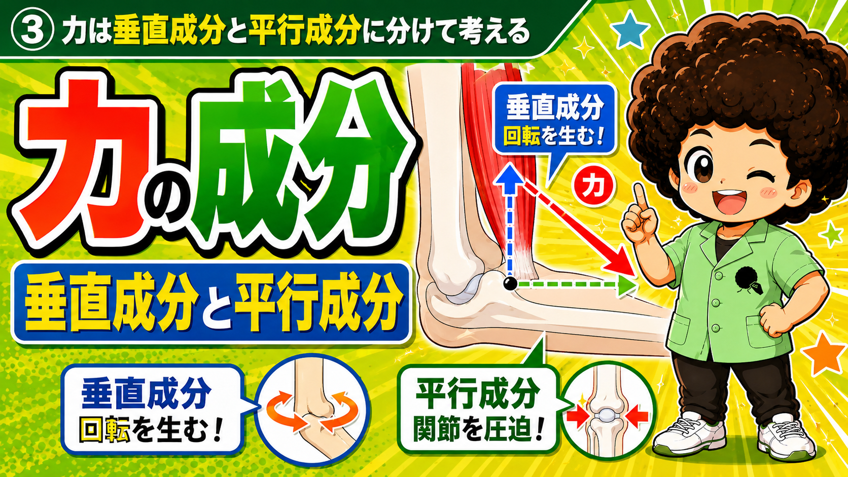 力は垂直成分（回転を生む）と平行成分（関節を圧迫する）に分解できる