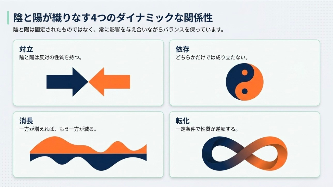 陰陽の4つの関係性：対立・依存・消長・転化